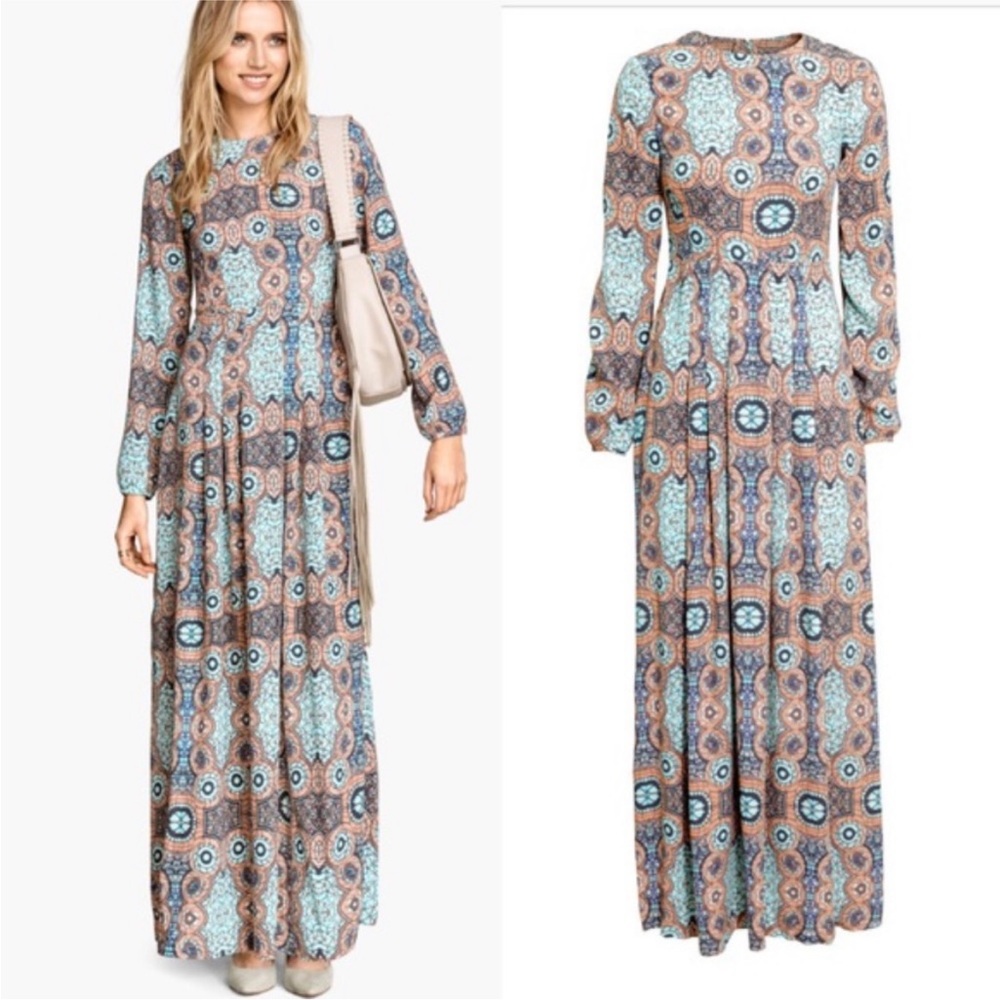 H&M Floral Geometric Print Long Sleeve Maxi Dress | Size 4